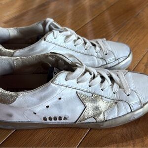 Golden Goose Off-White Leather Sneakers with Gold Heel